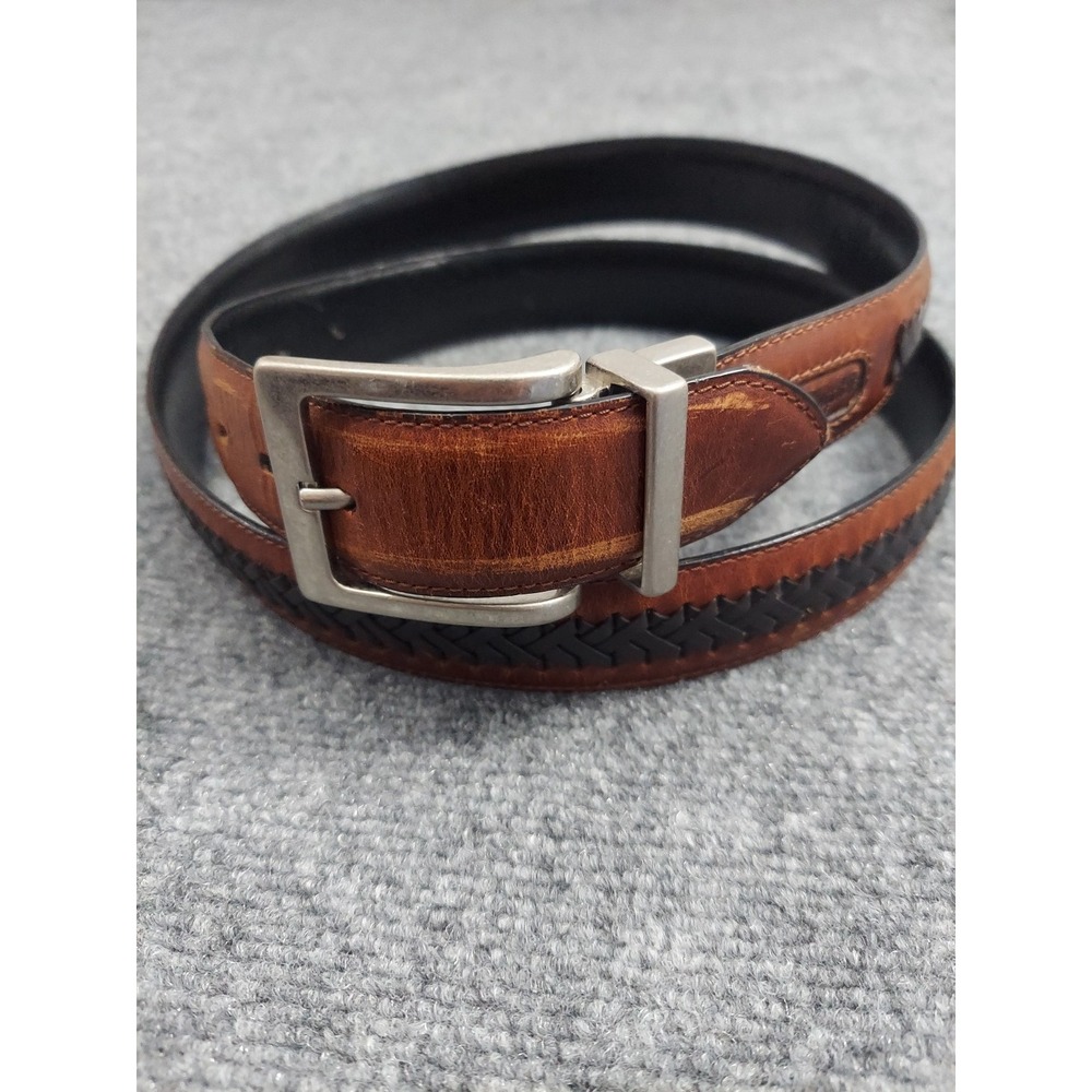 Columbia Belt Mens 46 Brown Black Braided‎ Reversible Leather silver buckle
